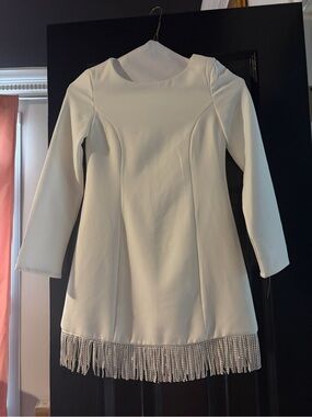 Gianni Bini White Long-Sleeve Fringe Hem Kids Dress